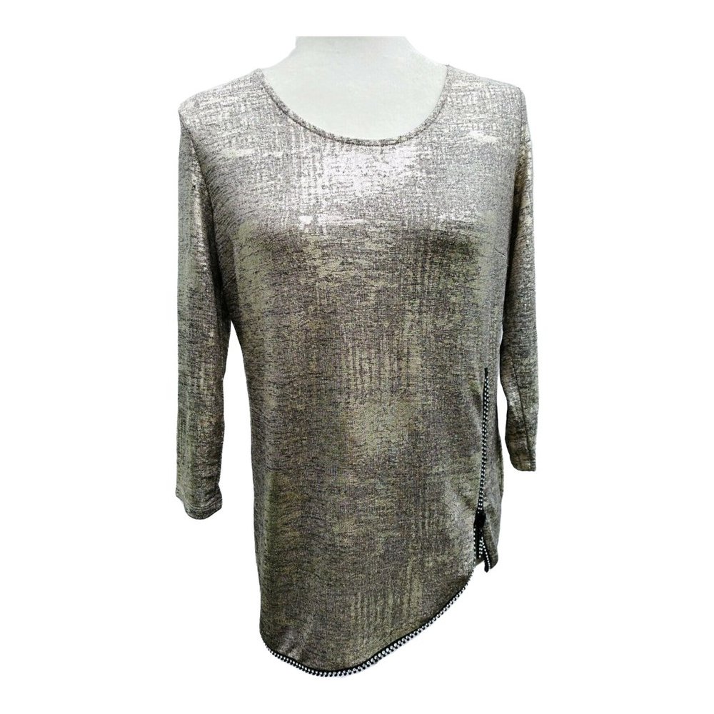 NEW JM Collection Women Top Blouse Embellished Zipper Gold Glitter PM Size